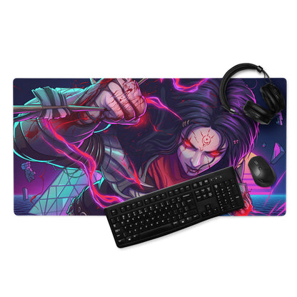 Large neon vaporwave anime mouse pad with vibrant neon pink and purple colors featuring a stylized character and cyberpunk cityscape