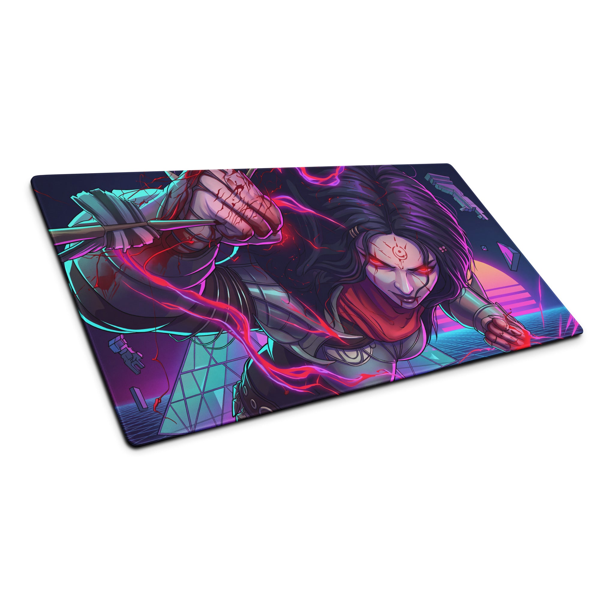 Large neon vaporwave anime mouse pad with vibrant neon pink and purple design featuring a character with glowing red eyes