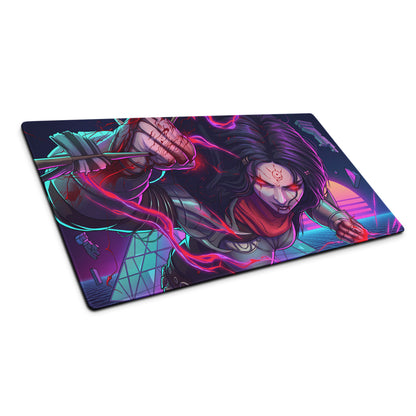 Large neon vaporwave anime mouse pad with vibrant neon pink and purple design featuring a character with glowing red eyes