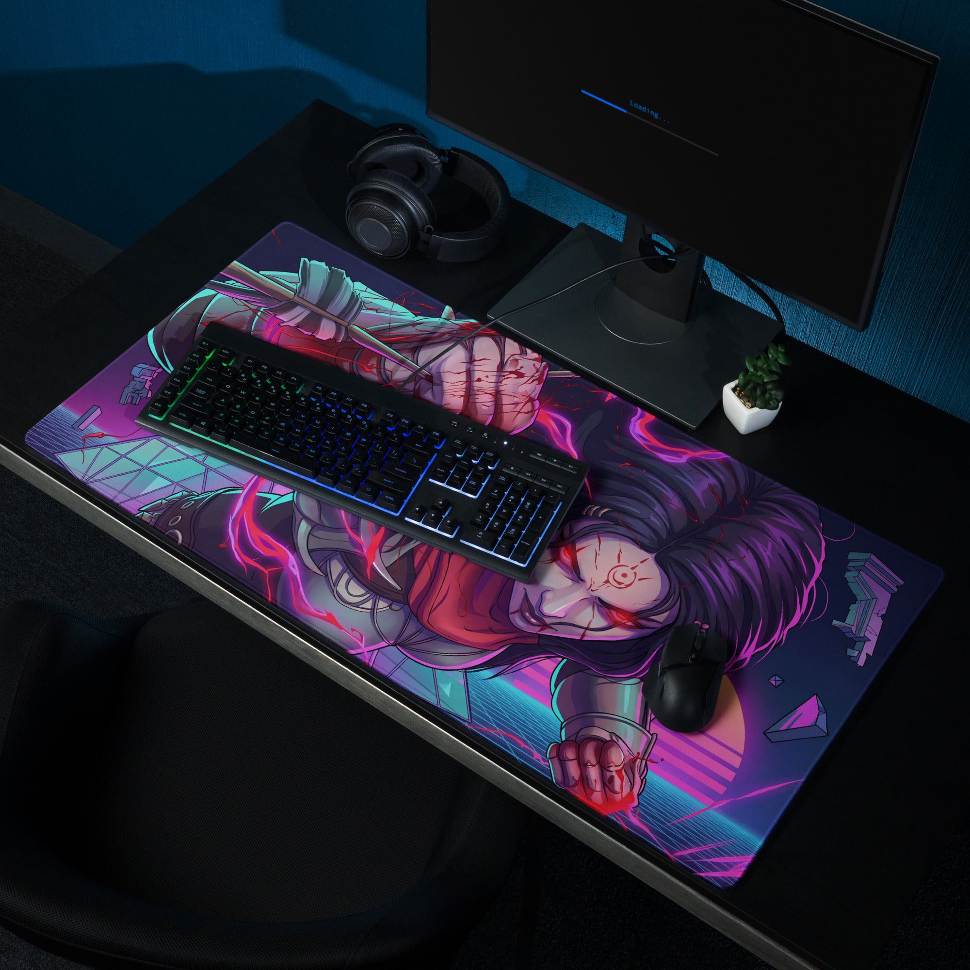 Large neon vaporwave anime mouse pad with vibrant neon pink and purple design on glossy surface for gaming desks