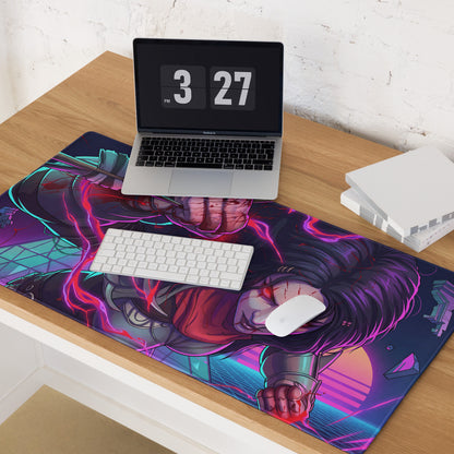 Large neon vaporwave anime mouse pad with vibrant neon purple and pink cyberpunk design featuring anime character