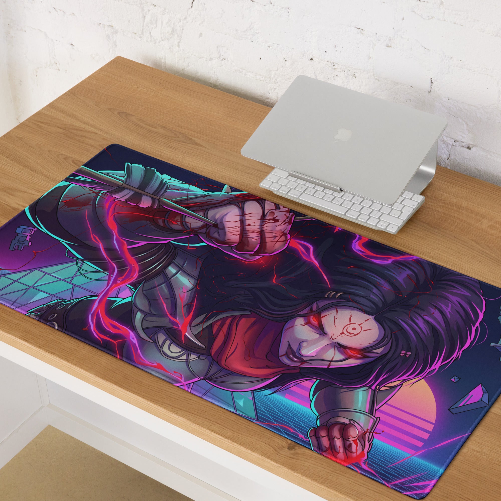Large neon vaporwave anime mouse pad with vibrant neon pink and purple cyberpunk design featuring glowing anime character