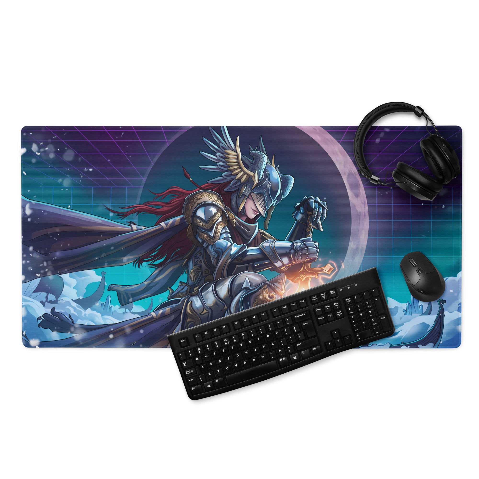 Rectangular gaming mousepad featuring an armored knight with red hair and golden winged helmet on cosmic purple teal background