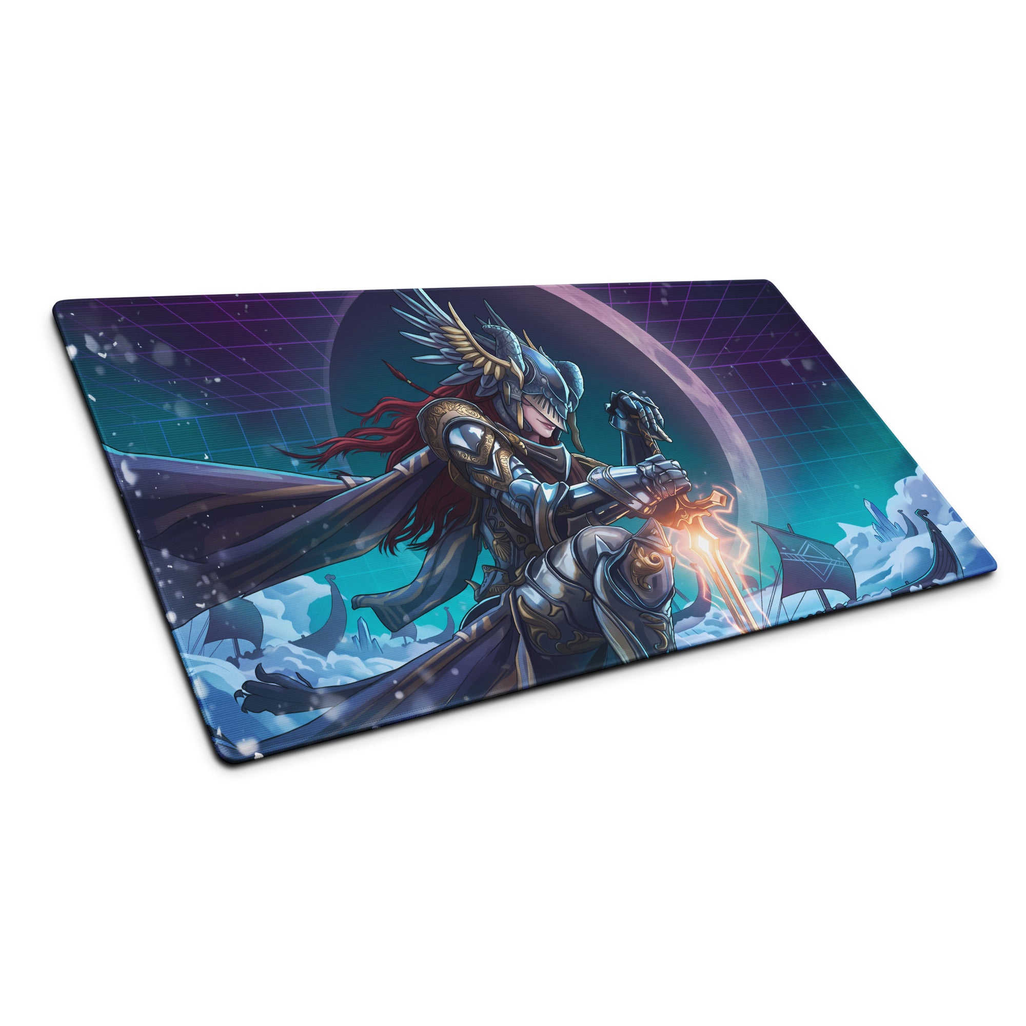 Rectangular vaporwave neon warrior mouse pad with a red-haired armored warrior and cosmic backdrop in purple and blue hues
