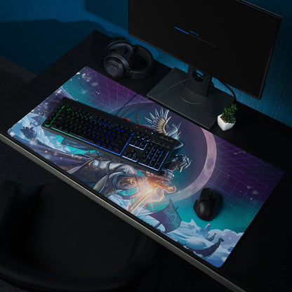 A vibrant rectangular vaporwave neon warrior mouse pad with glowing purple and blue fantasy battle art under a crescent moon