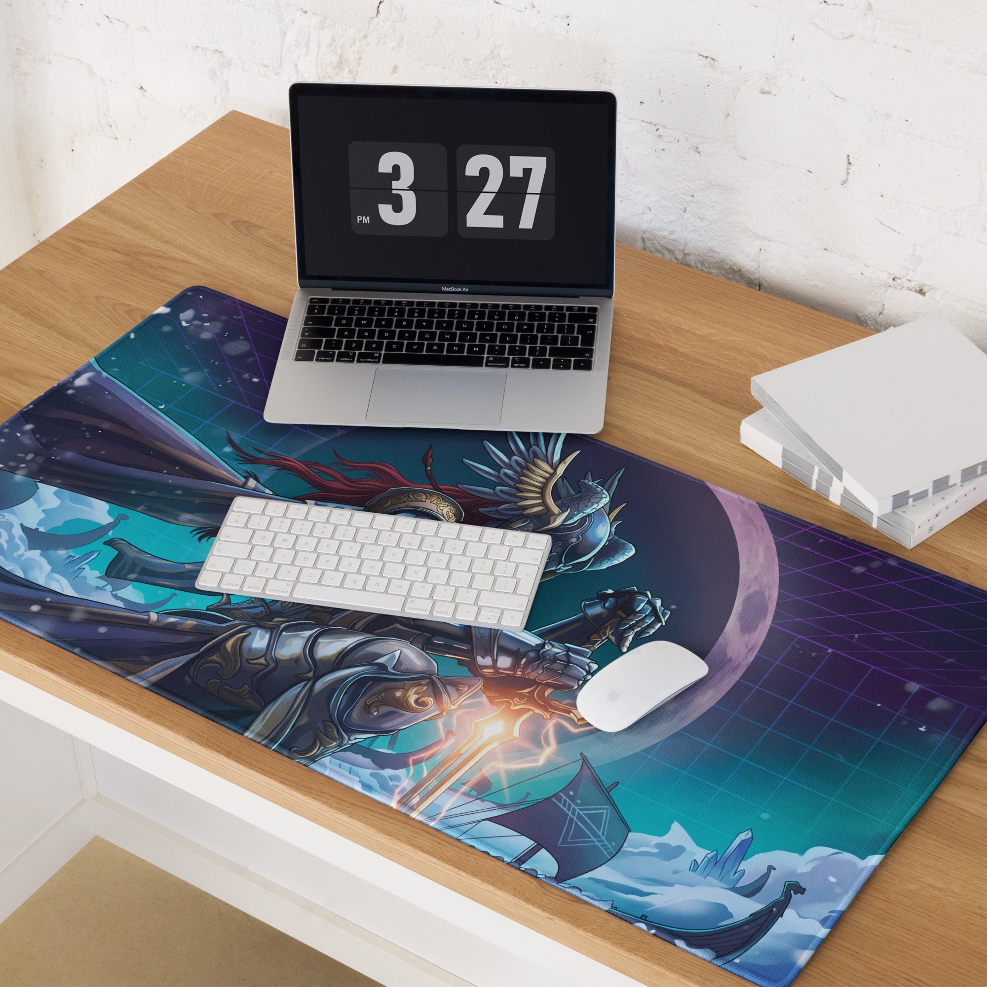 A vibrant rectangular vaporwave neon warrior gaming mousepad with armored warriors in teal and purple cosmic design