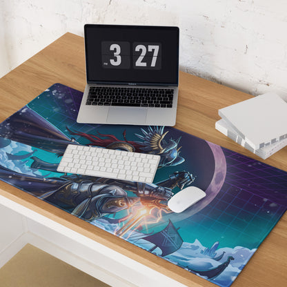 A vibrant rectangular vaporwave neon warrior gaming mousepad with armored warriors in teal and purple cosmic design