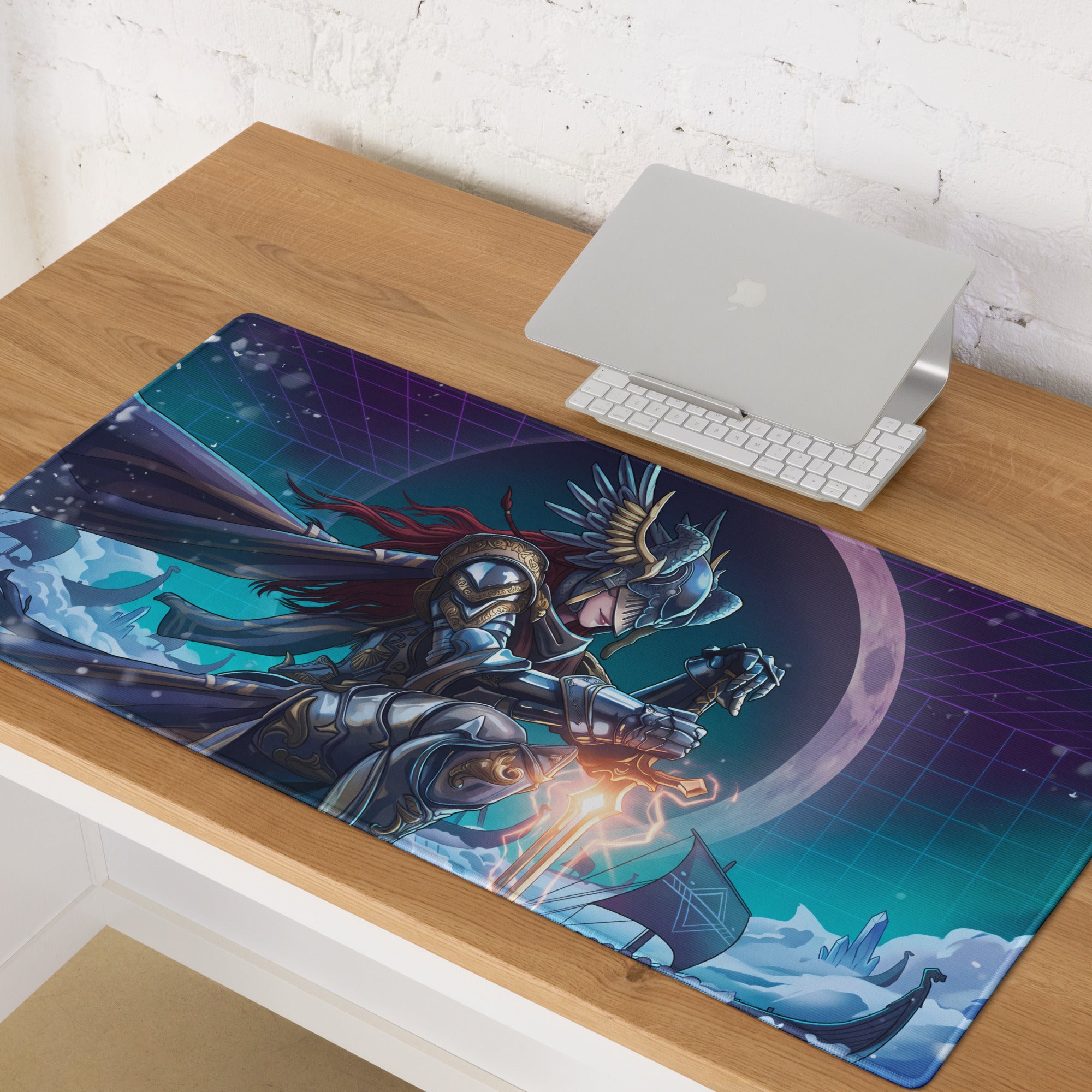 Vibrant rectangular vaporwave neon warrior mouse pad with armored warrior and cosmic teal purple backdrop for gaming desk