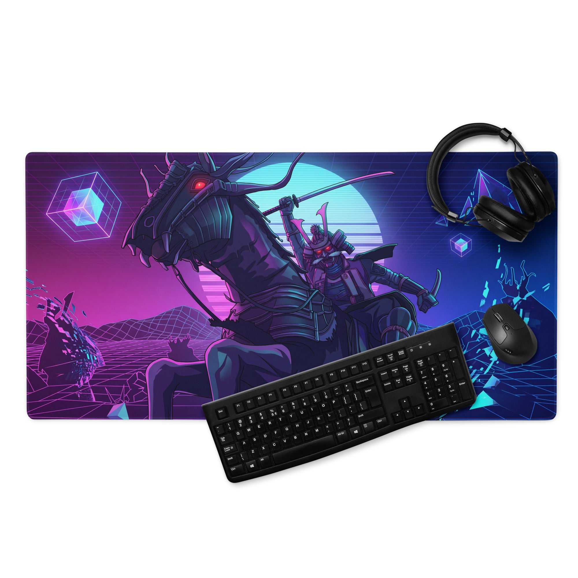 Neon vaporwave dragon desk mat gaming mousepad with vibrant purple blue cyberpunk samurai on horseback design