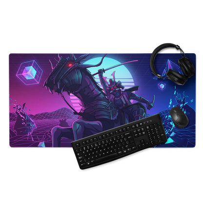 Neon vaporwave dragon desk mat gaming mousepad with vibrant purple blue cyberpunk samurai on horseback design