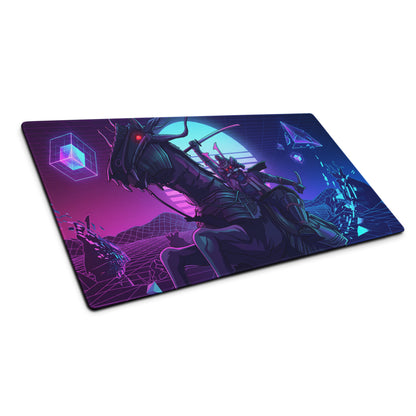 Neon vaporwave dragon desk mat in navy blue and magenta featuring a samurai on horseback in a cyberpunk landscape