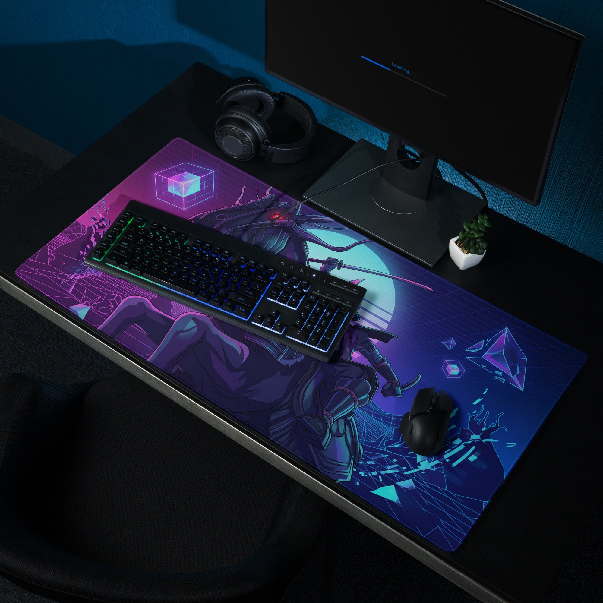 Neon vaporwave dragon desk mat gaming mousepad with vibrant purple and blue cyberpunk warrior design digital art