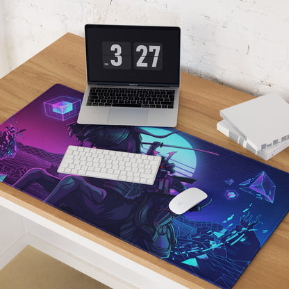 Navy blue and purple cyberpunk gaming mousepad with samurai warrior and glowing geometric shapes design