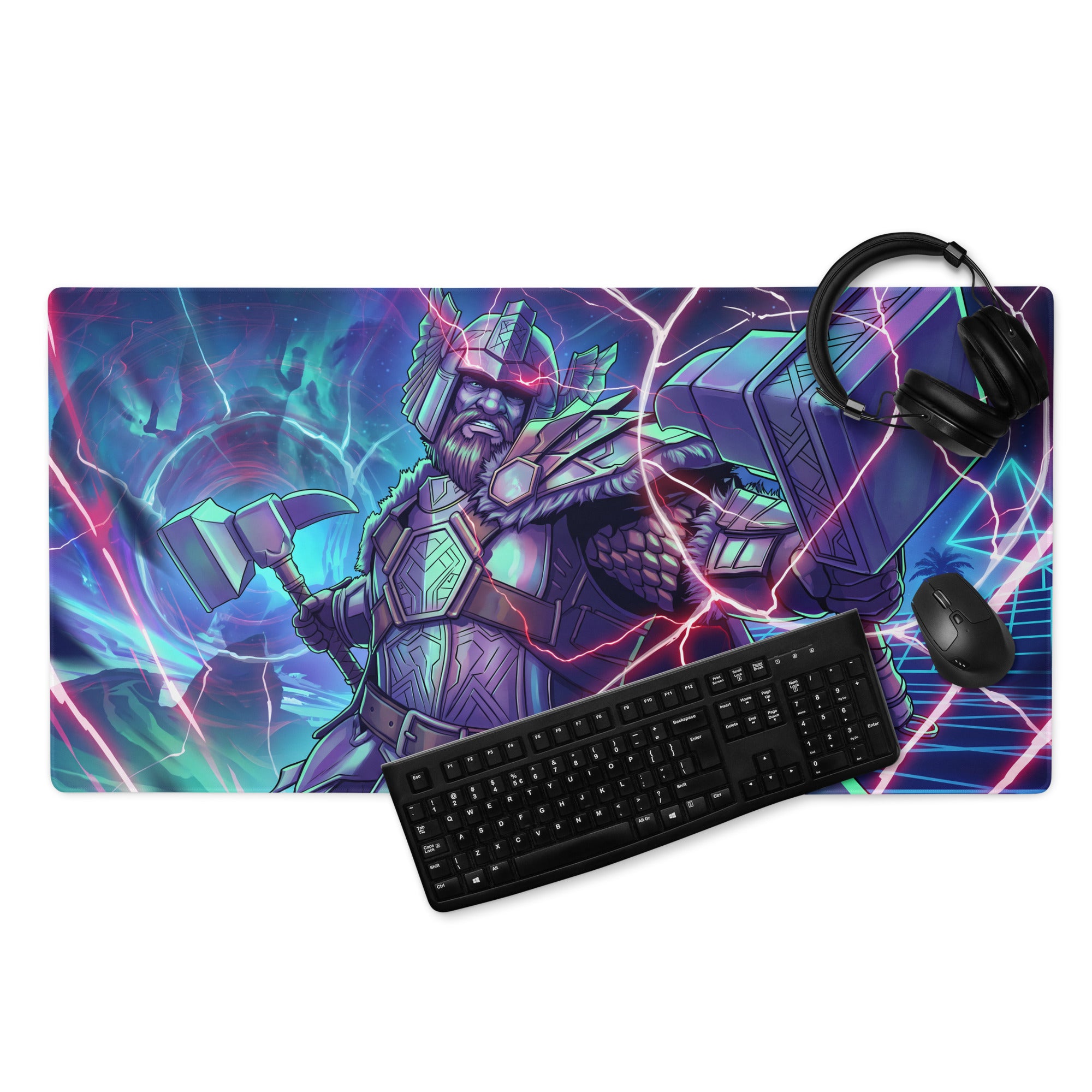 Vibrant purple and teal neon vaporwave gaming mouse pad featuring thor in armor with mjolnir and electric lightning effects
