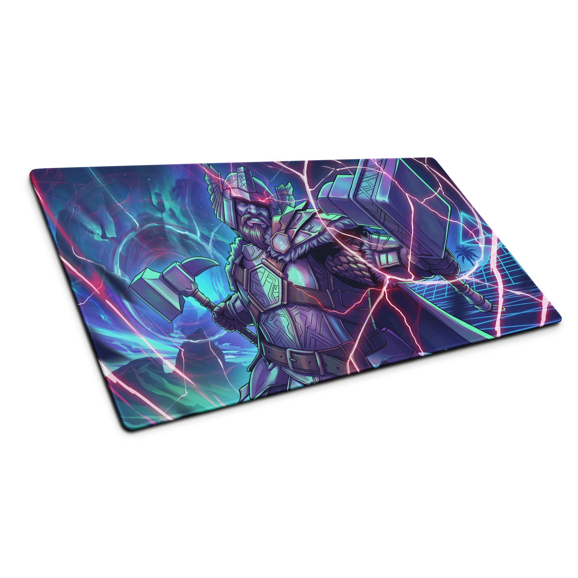 Neon vaporwave gaming mouse pad with nordic-themed warrior in metallic armor and glowing purple teal lightning effects