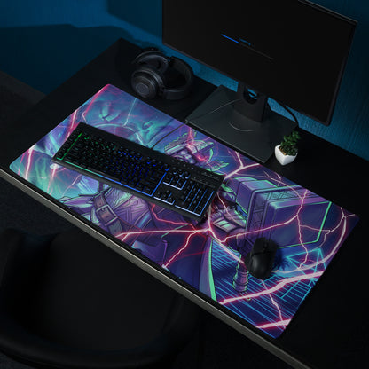 Neon vaporwave gaming mouse pad with vibrant neon pink and electric blue lightning anime robot design for cyberpunk decor
