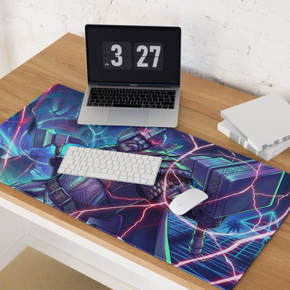 Neon vaporwave gaming mouse pad with vibrant purple and neon pink lightning design featuring stylized thor character