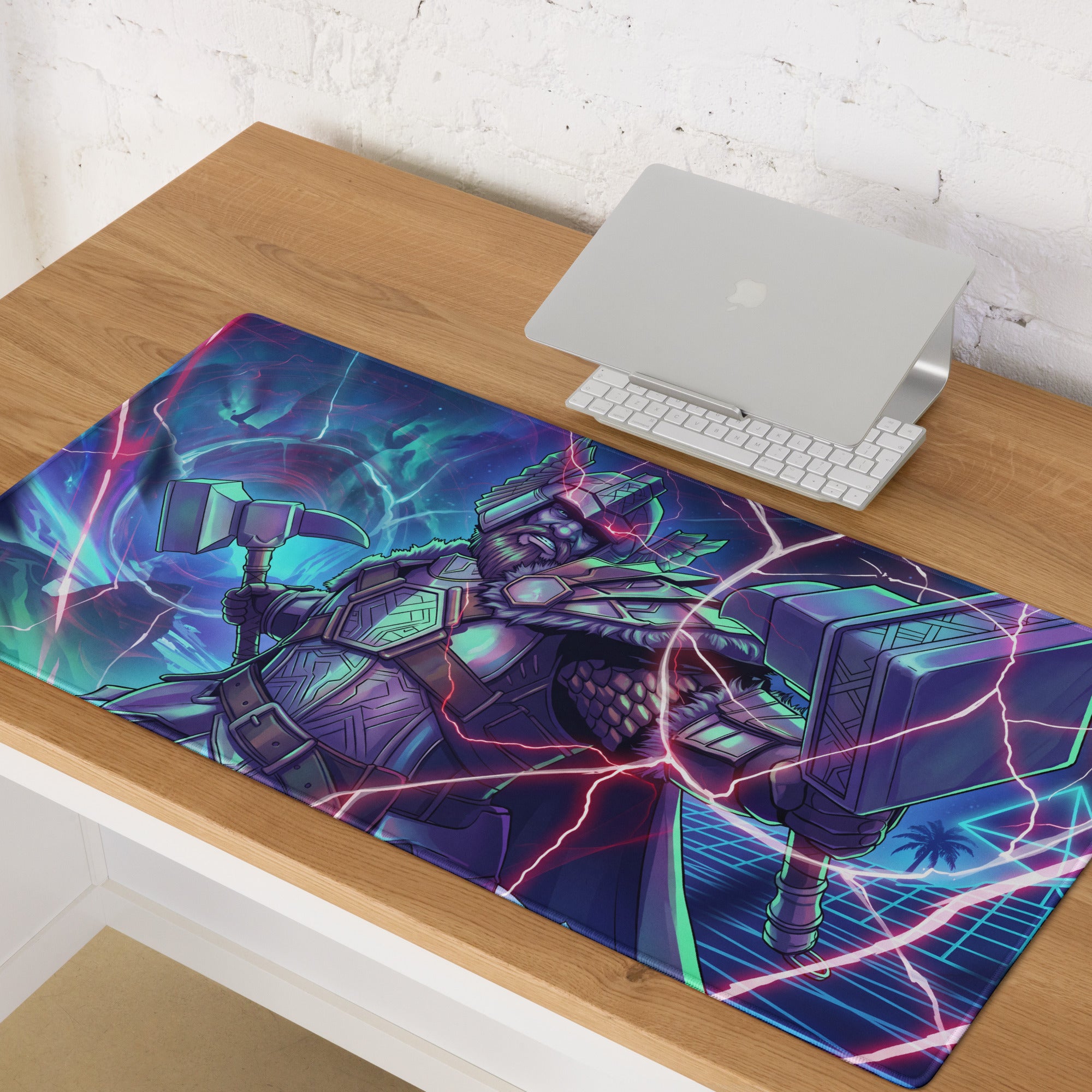 Neon vaporwave gaming mouse pad with vibrant neon-blue and purple armored warrior wielding glowing hammers design