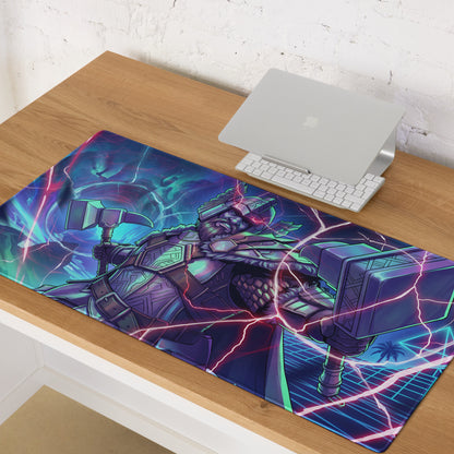 Neon vaporwave gaming mouse pad with vibrant neon-blue and purple armored warrior wielding glowing hammers design