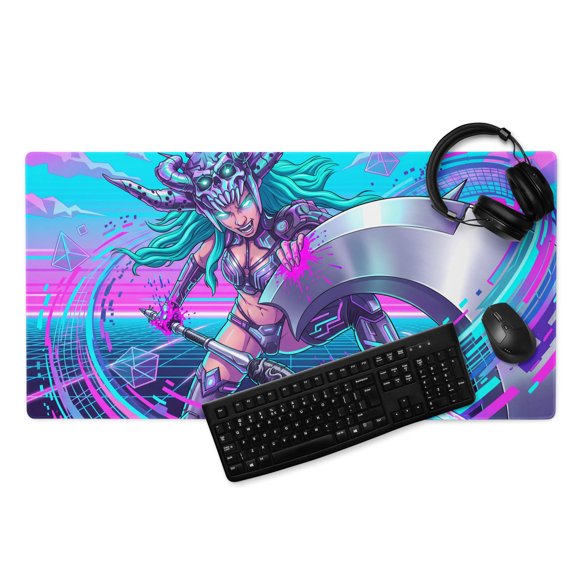 Vaporwave neon warrior gaming mousepad with vibrant neon pink and cyan colors featuring a cyberpunk warrior design