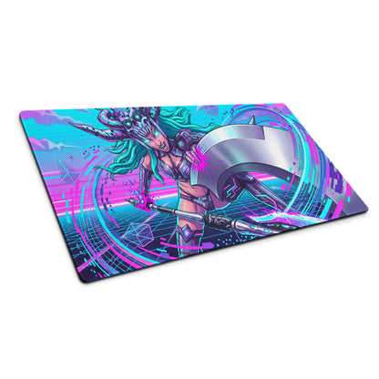 Vaporwave neon warrior gaming mousepad with vibrant neon pink and cyan digital art of futuristic warrior in metallic armor