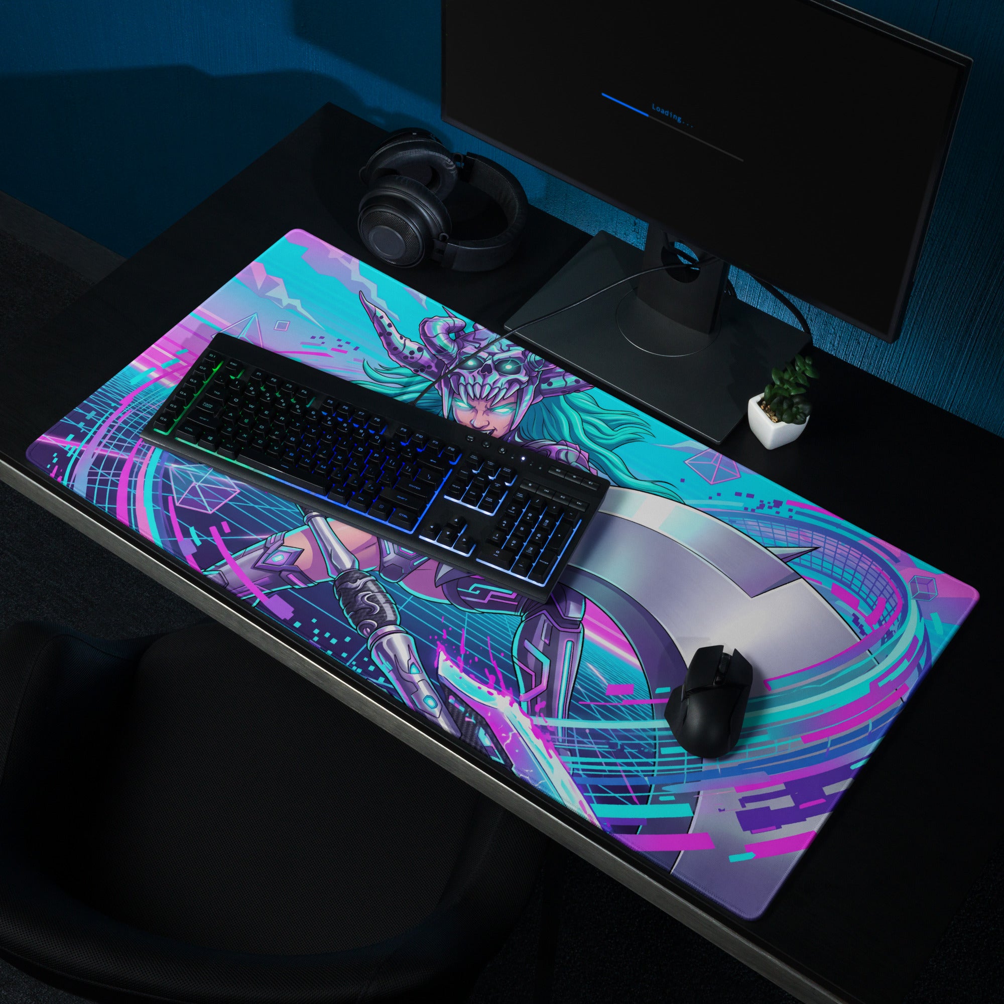 Vaporwave neon warrior gaming mousepad with vibrant neon pink and teal cyberpunk warrior illustration