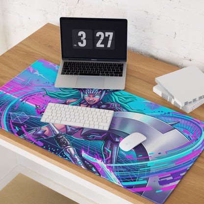 Vaporwave neon warrior mousepad with vibrant neon pink and cyan design featuring a futuristic warrior with teal hair
