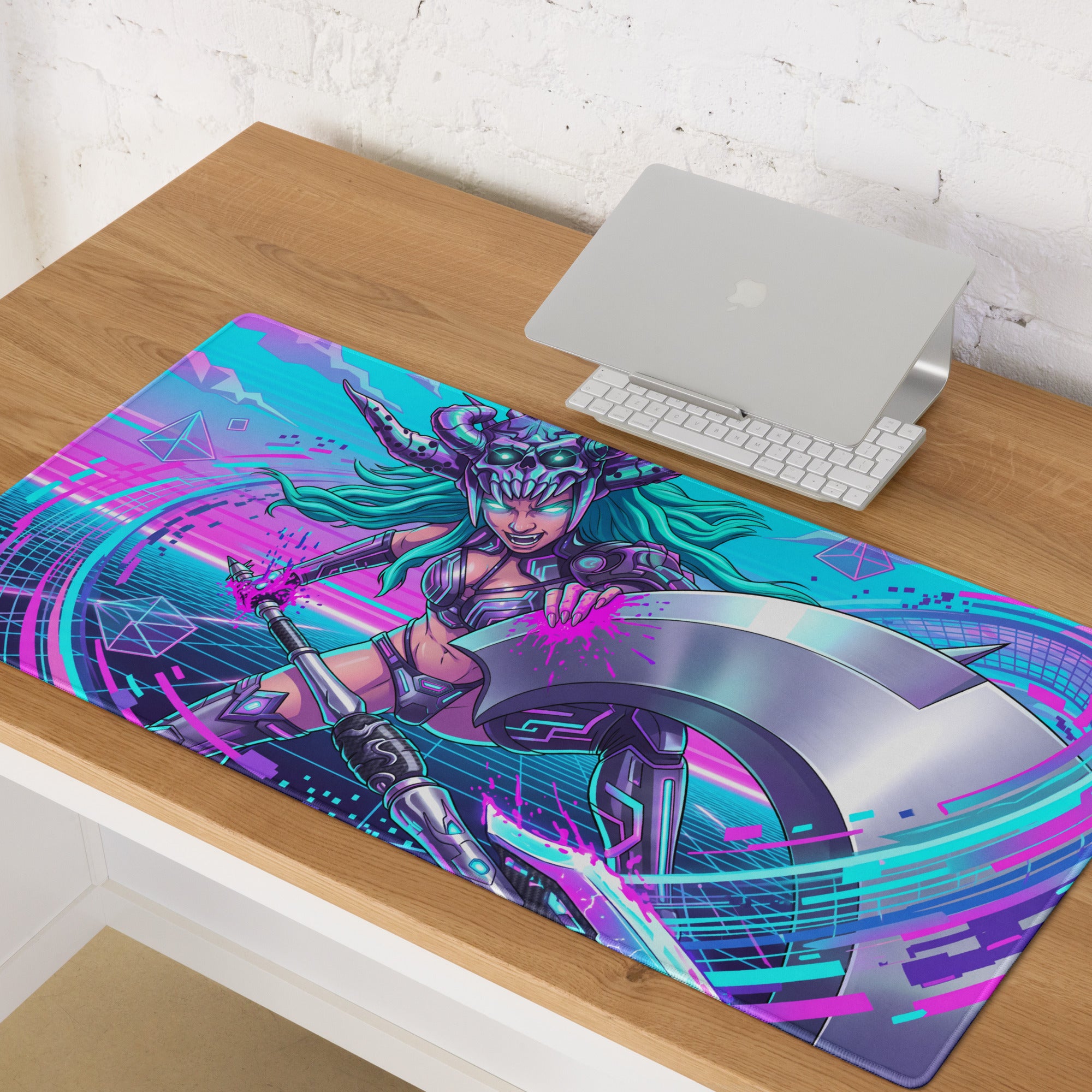 Vaporwave neon warrior gaming mousepad featuring vibrant neon pink and cyan with a futuristic warrior illustration
