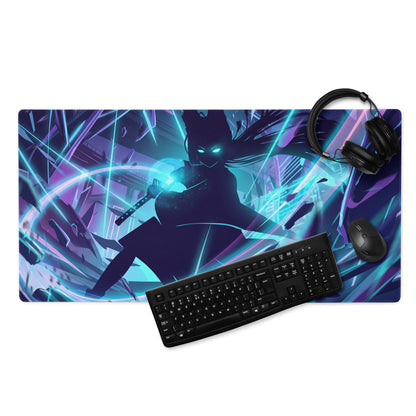 Neon vaporwave night pad pro gaming mouse pad in purple blue featuring a glowing anime character design