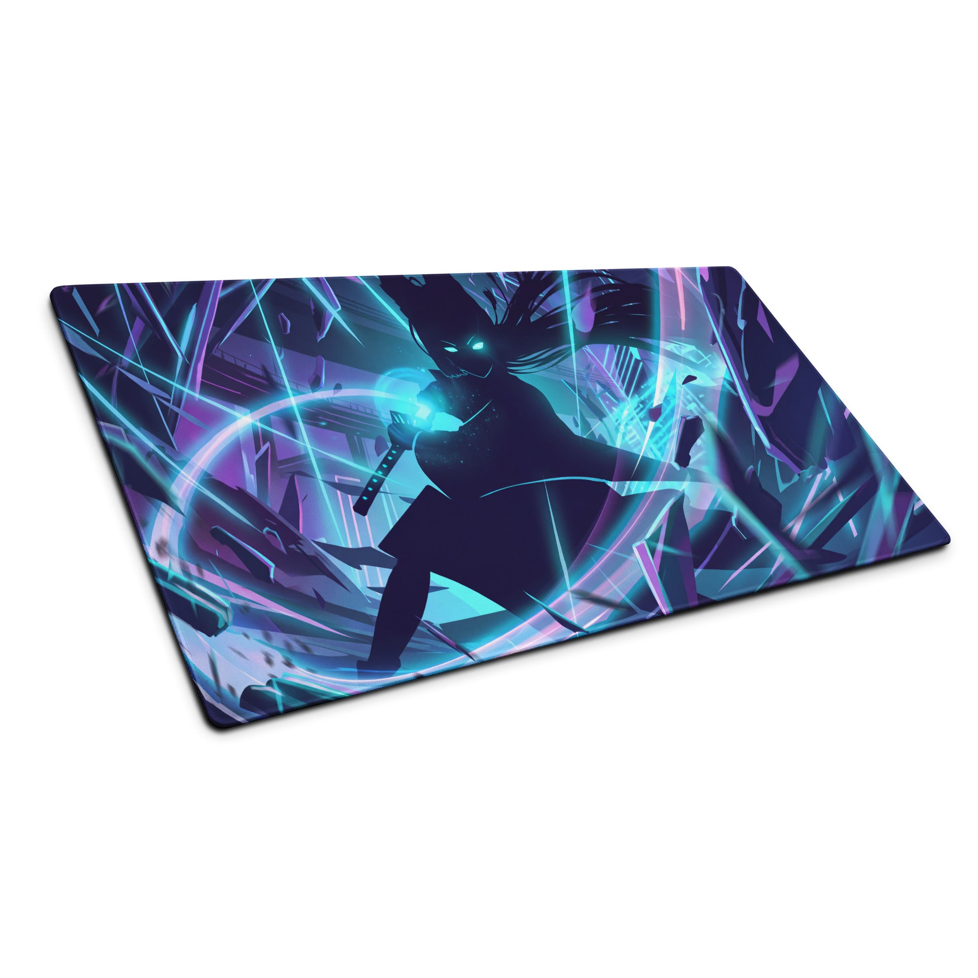 Neon vaporwave night pad pro gaming mouse pad in purple and teal featuring a sword-wielding anime character silhouette