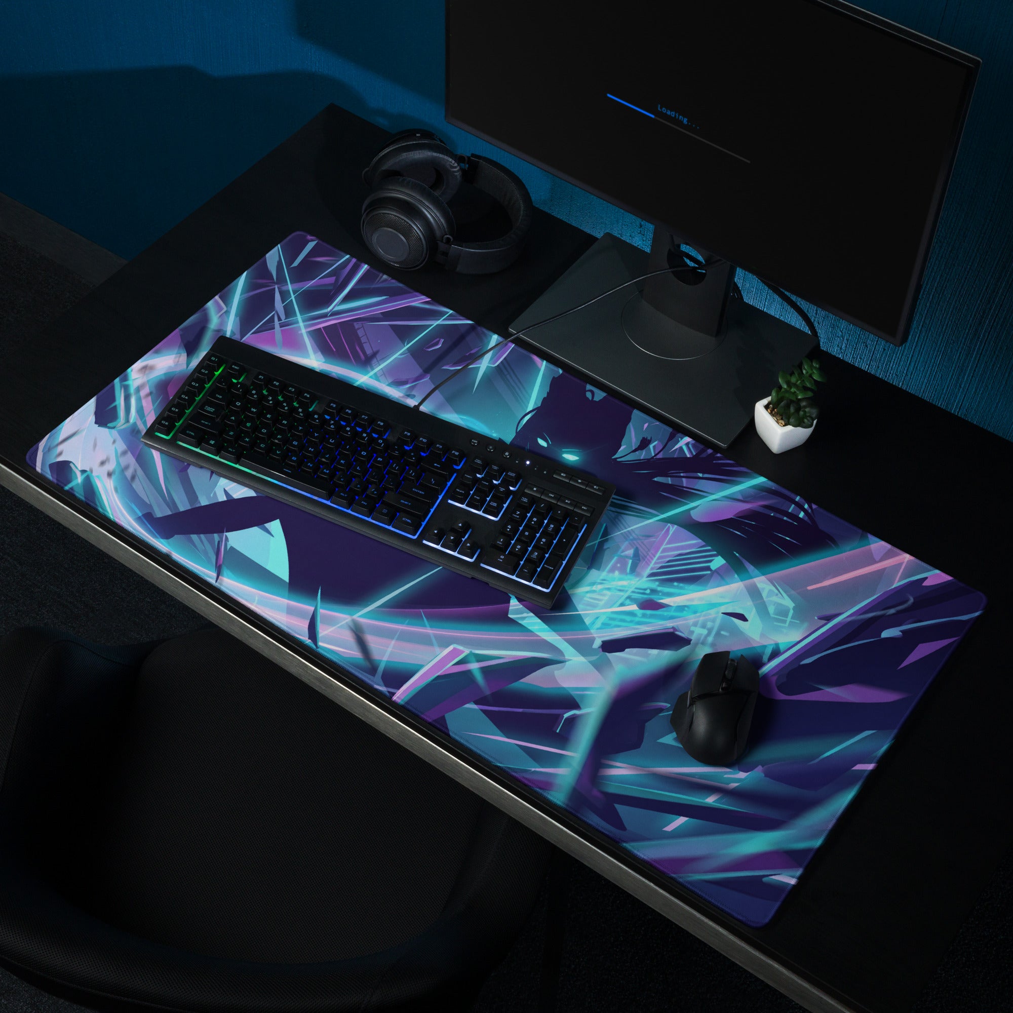 Neon vaporwave night pad pro gaming mouse pad with vibrant purple and teal neon abstract glowing lines design