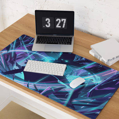 Vibrant purple and teal cyberpunk gaming mouse pad with glowing neon lines for vaporwave anime inspired desk decor