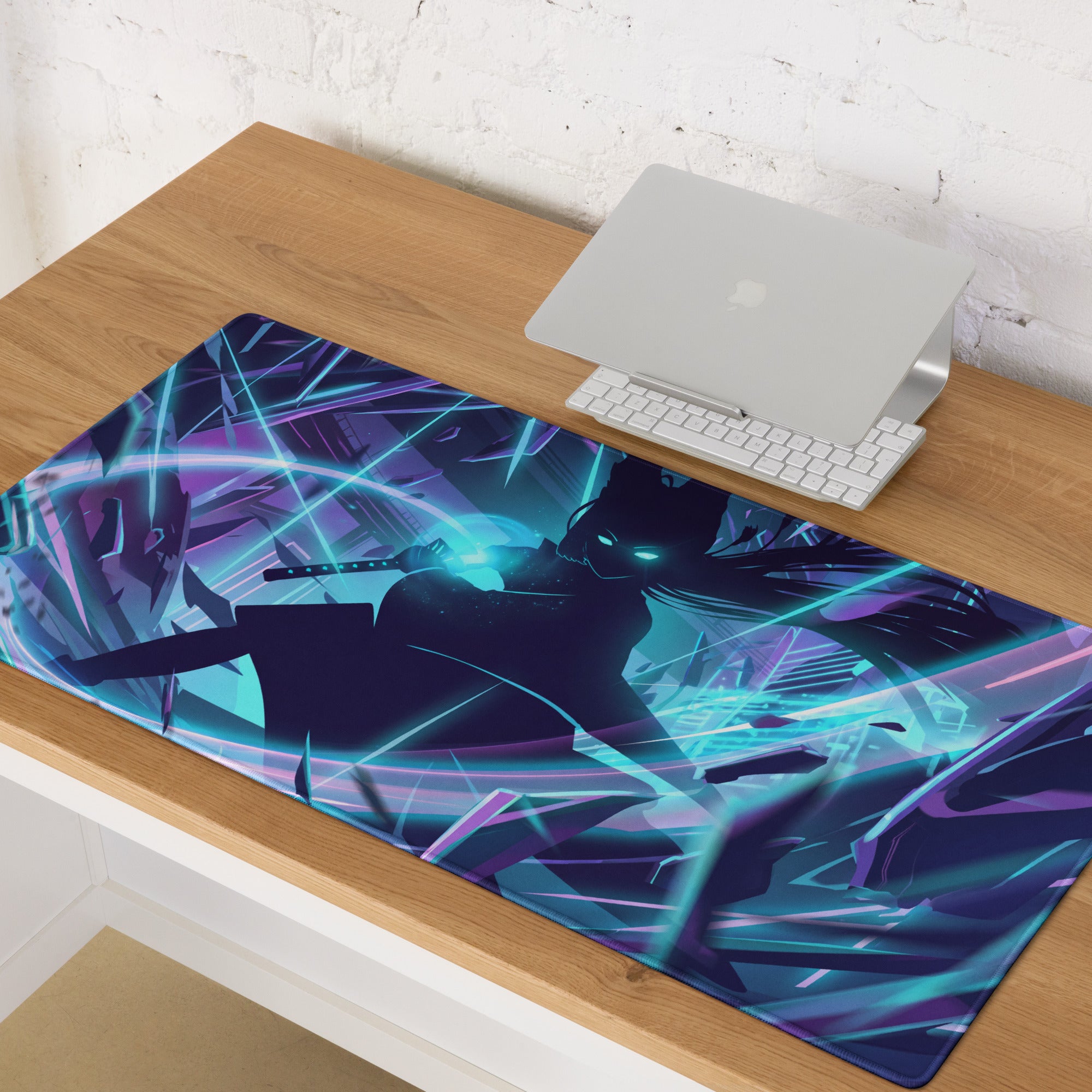 Vibrant purple and teal neon-lit anime inspired gaming mouse pad with dynamic energy effects for cyberpunk decor