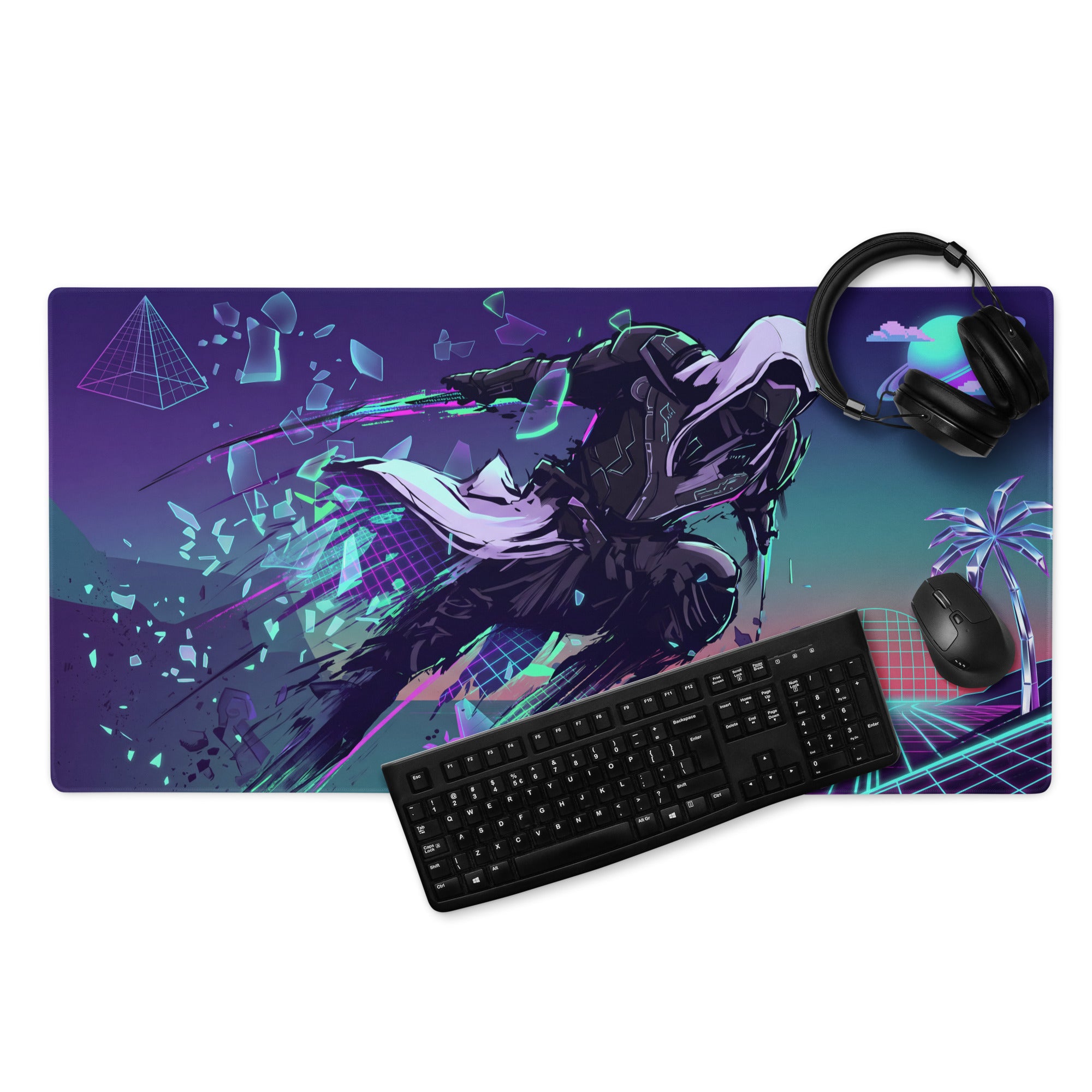 Nineteen-inch gaming mousepad with dynamic anime warrior in black and white armor on vibrant purple teal pink vaporwave background