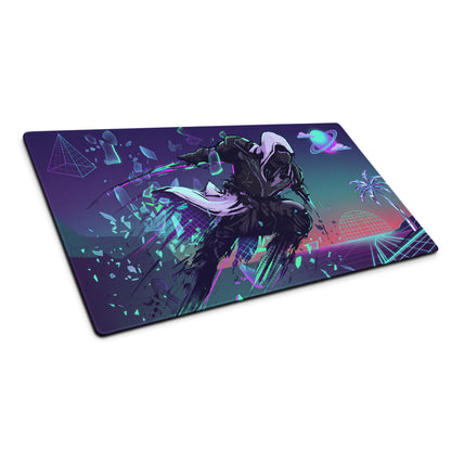 Vaporwave neon warrior mouse pad featuring a dynamic black and white character on a purple teal and pink nebula gaming surface