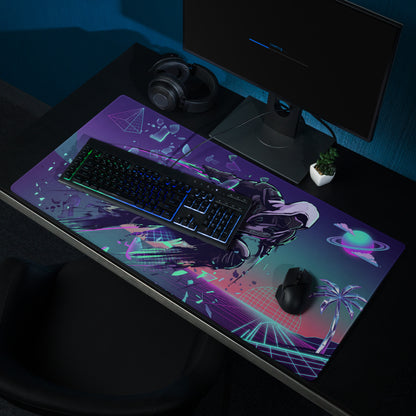 Vaporwave neon warrior gaming mouse pad in purple and teal with futuristic astronaut and glowing neon designs