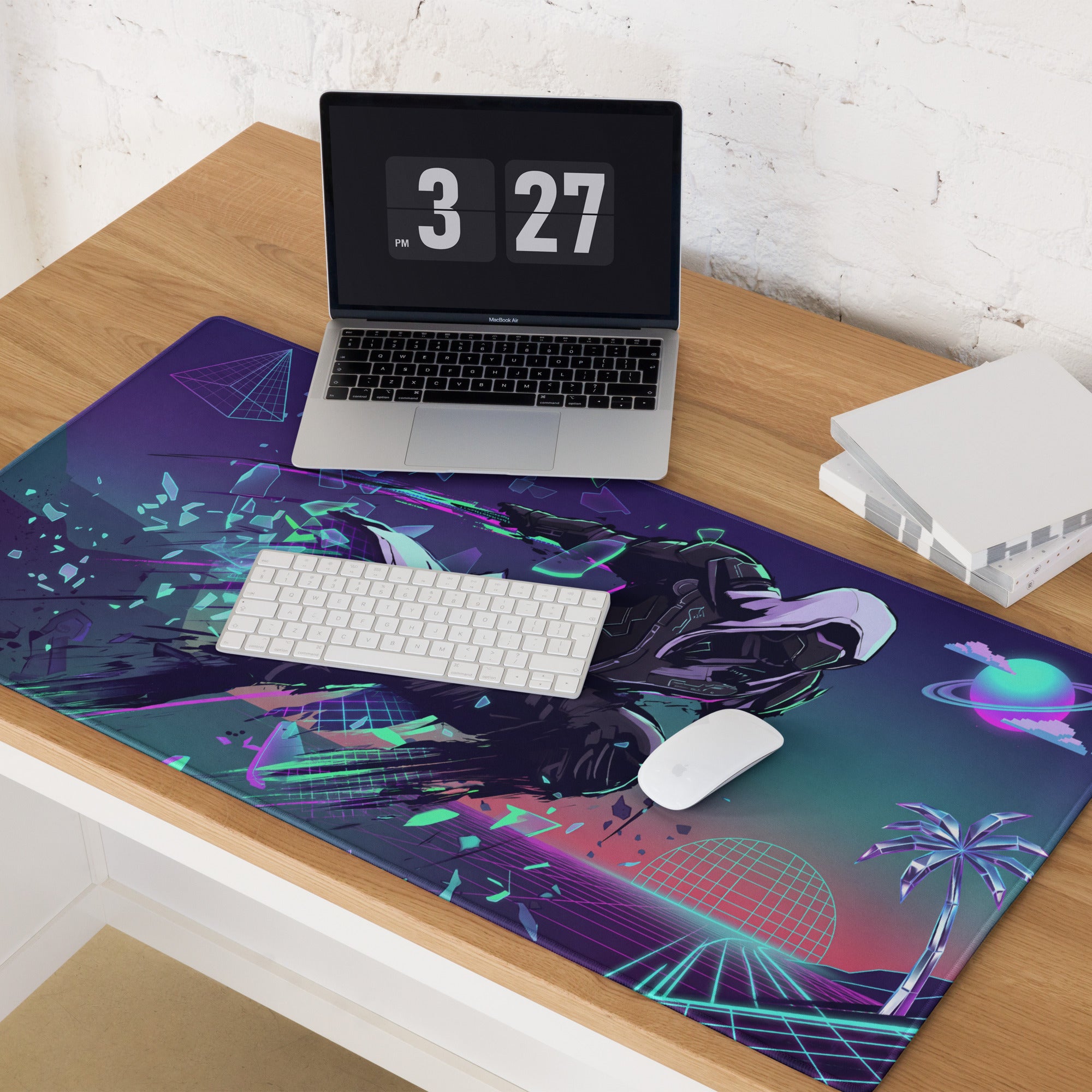 Vibrant purple and teal vaporwave neon warrior gaming mouse pad with futuristic astronaut and neon palm trees design