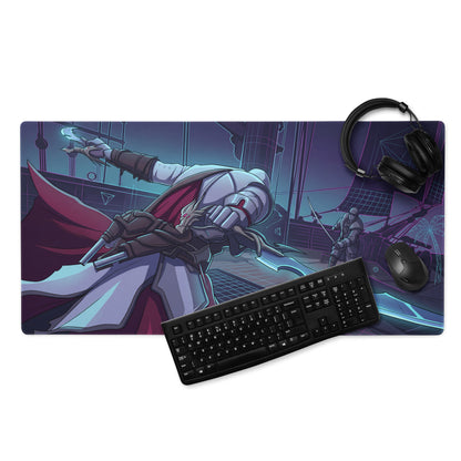 Vaporwave neon knight gaming mouse pad with vibrant anime assassin in white and red robes on neon purple blue cyberpunk backdrop