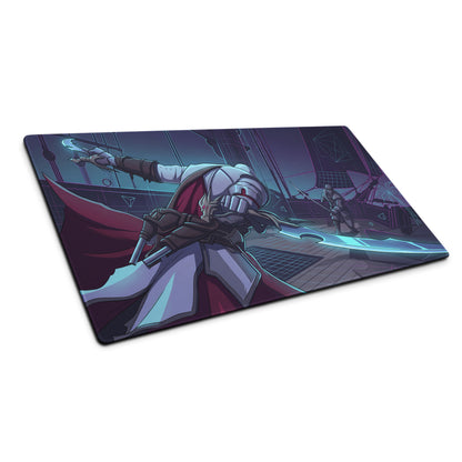 Rectangular vaporwave neon knight gaming mousepad with anime armored character red cape blue sword on dark futuristic ship deck