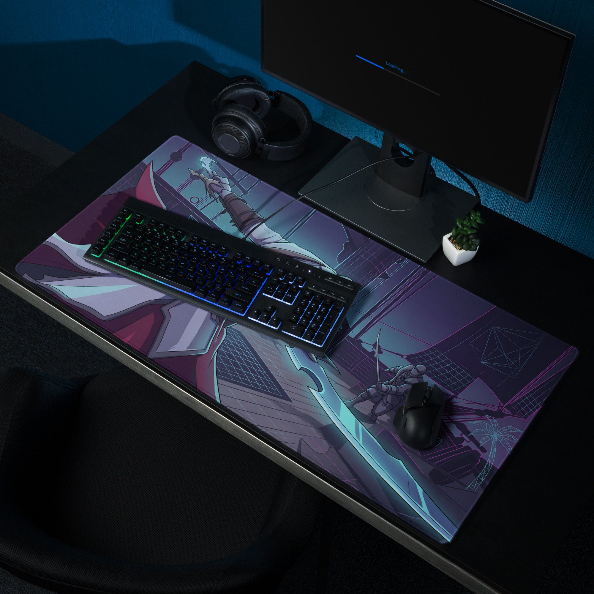 Purple and black anime-themed vaporwave neon knight gaming mouse pad with detailed dynamic character illustration