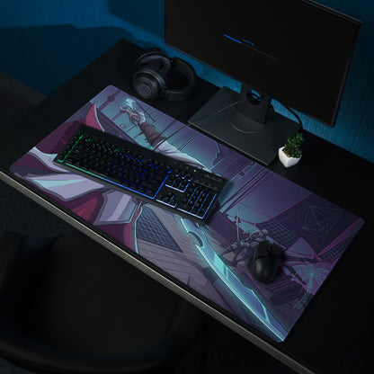 Purple and black anime-themed vaporwave neon knight gaming mouse pad with detailed dynamic character illustration