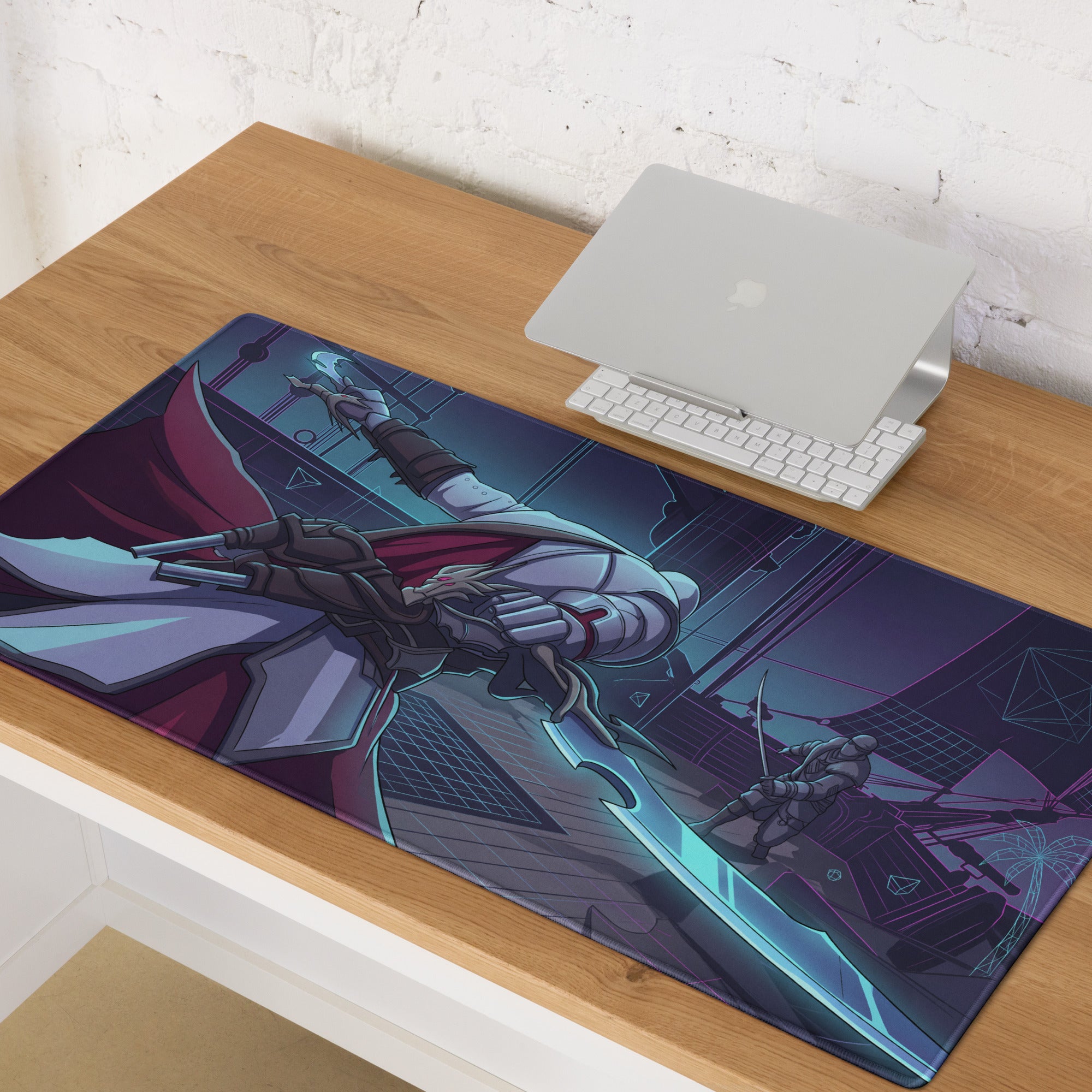 Vaporwave neon knight gaming mouse pad with a futuristic warrior in white and red armor and glowing blue sword on neon cityscape