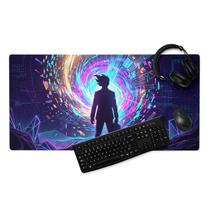 Neon vaporwave gaming mouse pad with vibrant purple blue cyberpunk digital art and a silhouette figure design