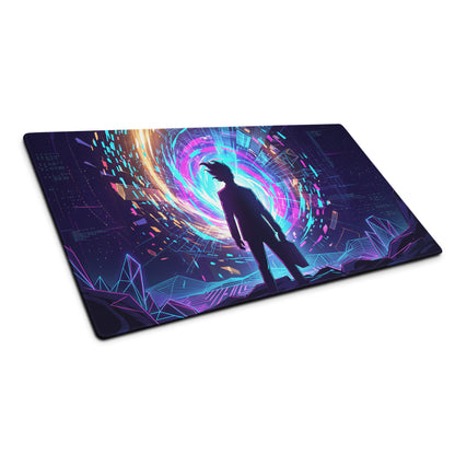 Narrow rectangular neon vaporwave gaming mouse pad with vibrant purple blue orange cyberpunk design and silhouetted figure