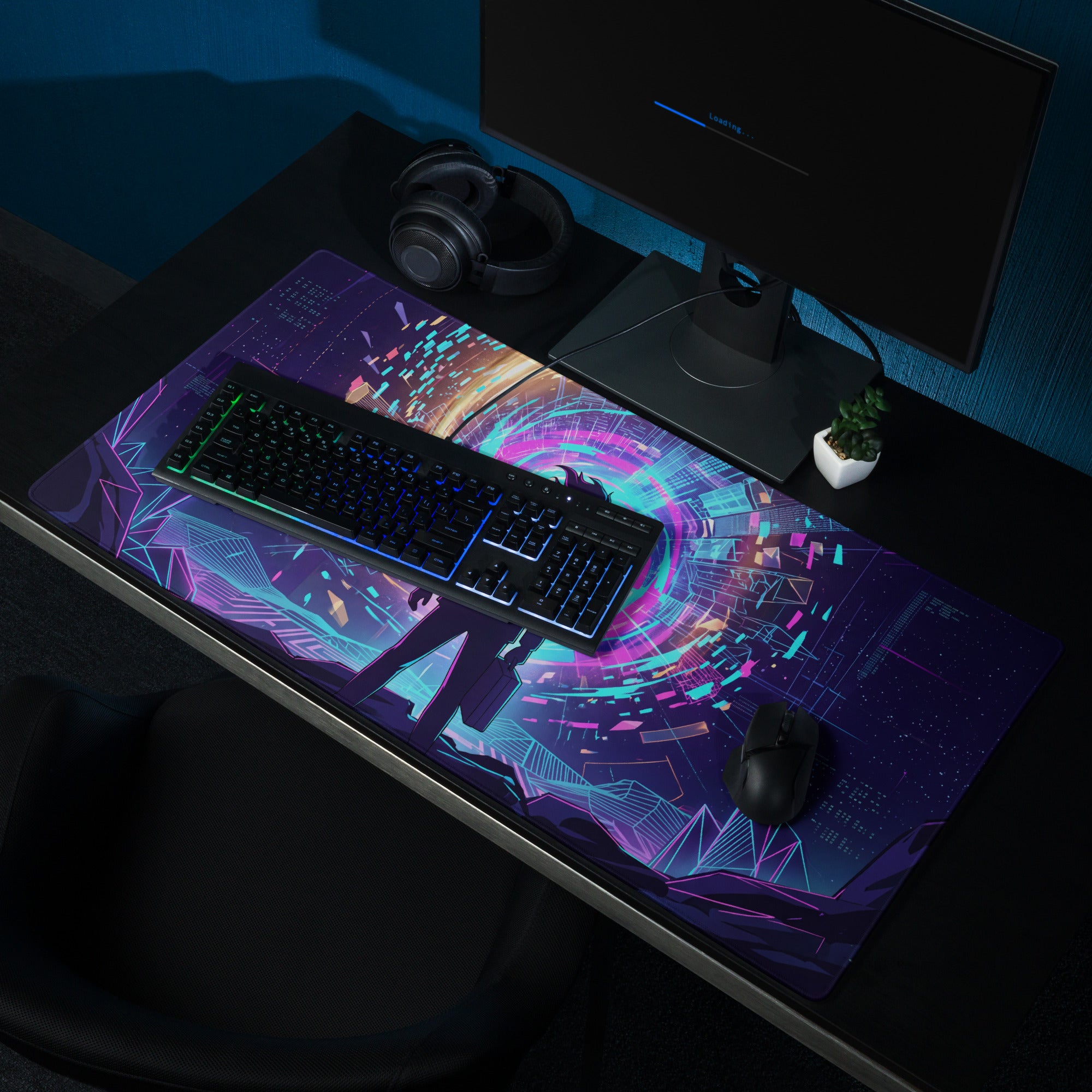 Navy blue neon vaporwave gaming mouse pad with vibrant purple pink and cyan cyberpunk design and stylized figure