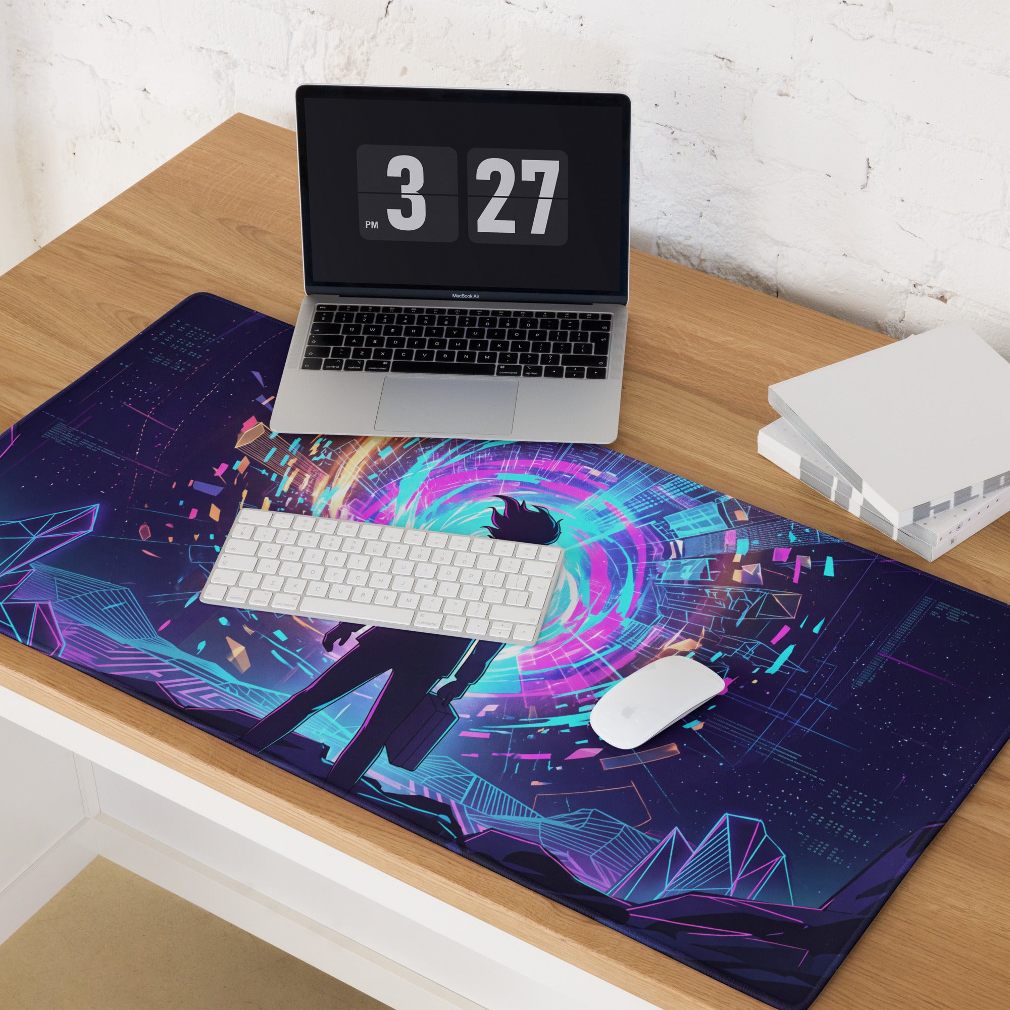 Neon vaporwave gaming mouse pad with vibrant neon purple and cyan cyberpunk anime design on a smooth surface