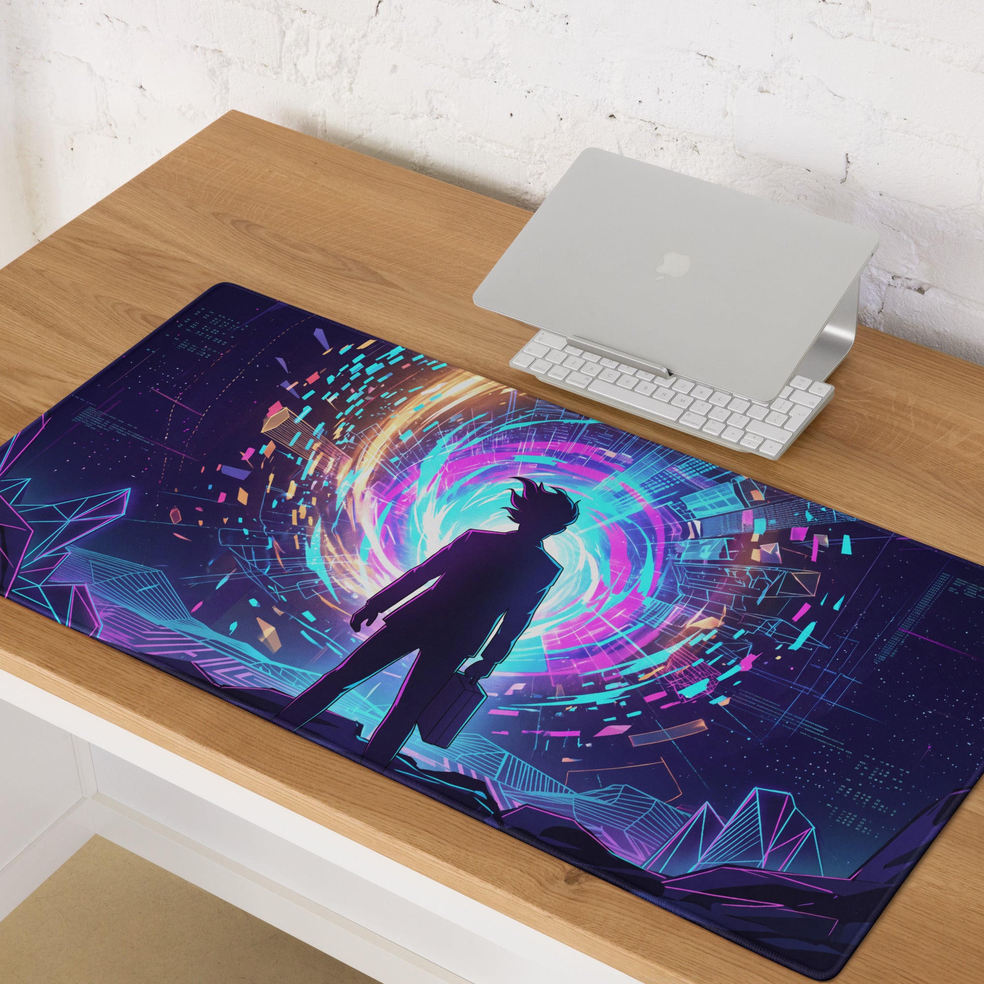 Neon vaporwave gaming mouse pad with narrow rectangular shape and vibrant purple blue cyberpunk anime design