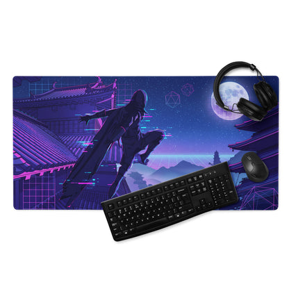 Navy blue and purple neon vaporwave gaming mouse pad with a ninja silhouette leaping over Japanese rooftops under moonlight
