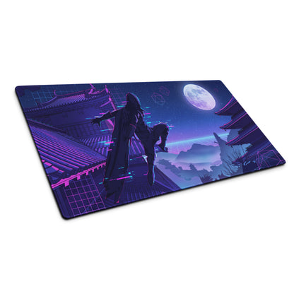 Neon vaporwave gaming mouse pad with nebula-themed purple blue neon gradients featuring a stylized ninja in motion