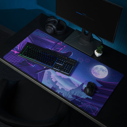 Neon vaporwave gaming mouse pad with purple and blue neon lights featuring futuristic cityscape and stylized pagoda design